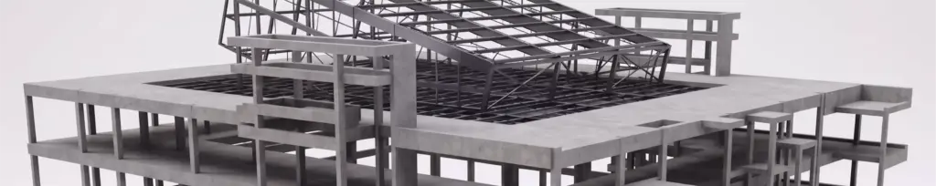 Modelo estrutural em concreto armado e estrutura metálica representando projetos especiais desenvolvidos pela OBRAP Engenharia de Estruturas.