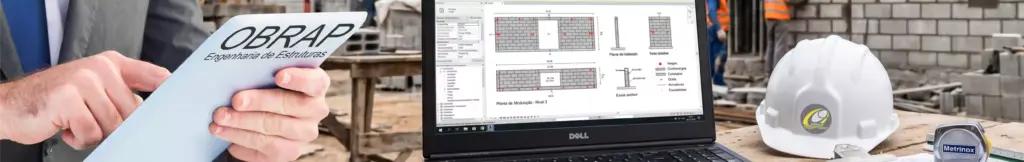 Projeto de alvenaria estrutural da OBRAP Engenharia de Estruturas com obra em execução, notebook técnico, capacete e documentação de projeto.