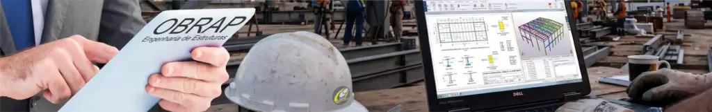 Projeto de estrutura metálica da OBRAP Engenharia de Estruturas com obra em execução, notebook técnico, capacete e documentação estrutural.