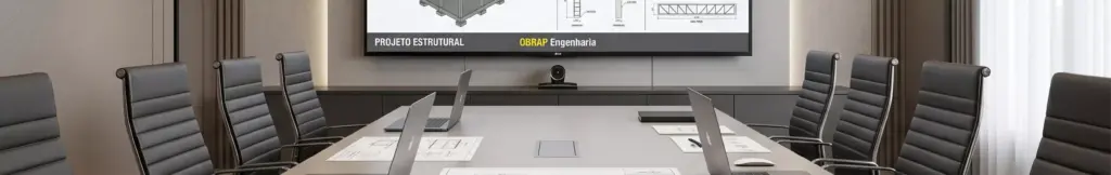Sala de reunião da OBRAP Engenharia de Estruturas com apresentação de projeto estrutural em tela corporativa.
