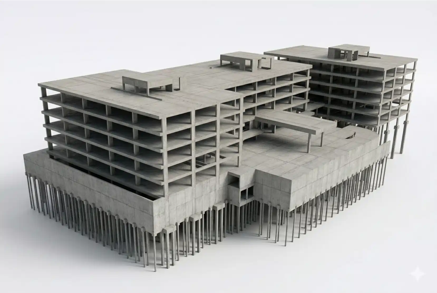 Modelo 3D de estrutura em concreto armado desenvolvido pela OBRAP Engenharia de Estruturas