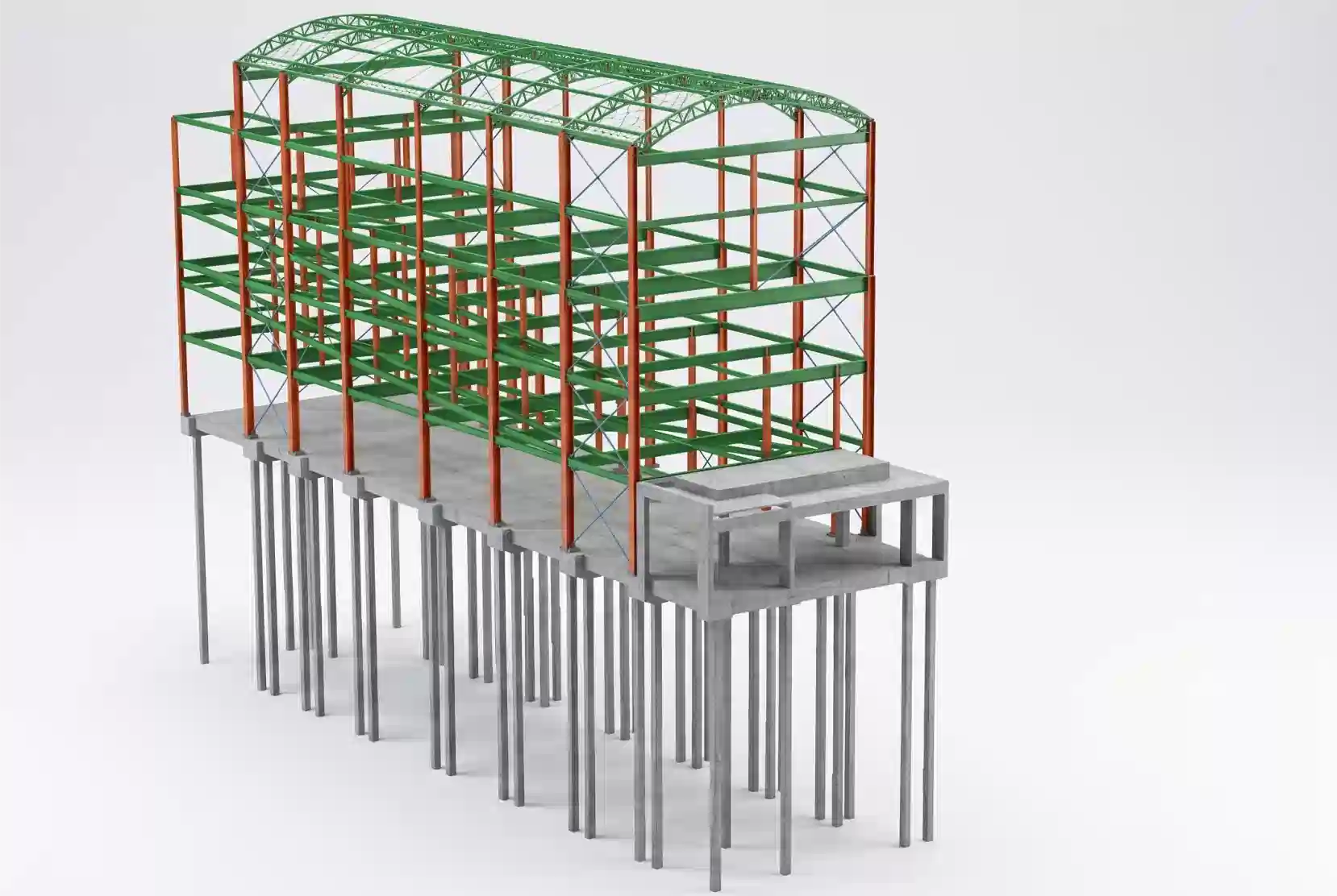 Modelo 3D de estrutura em concreto armado e metálica desenvolvido pela OBRAP Engenharia de Estruturas