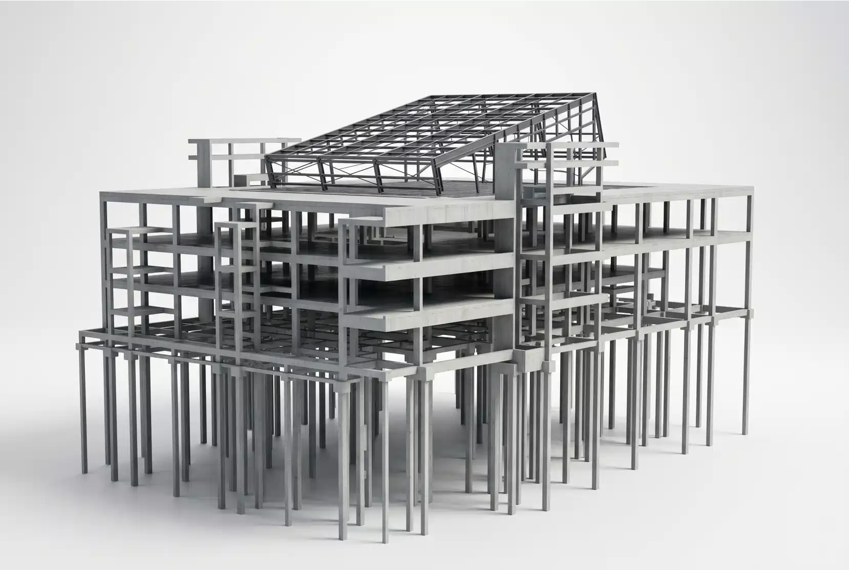 Modelo 3D de estrutura em concreto armado e metálica desenvolvido pela OBRAP Engenharia de Estruturas