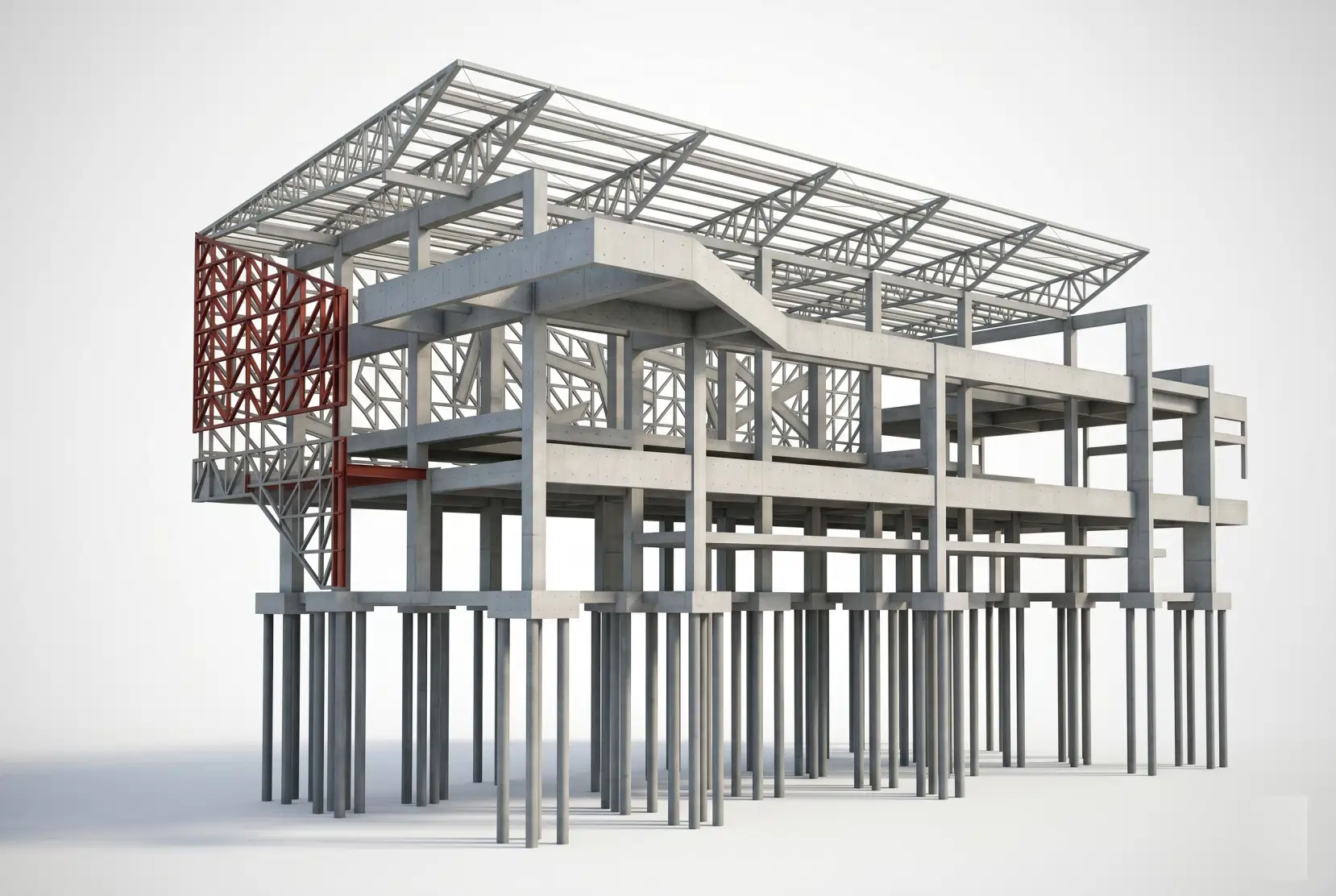 Modelo 3D de estrutura em concreto armado e metálica desenvolvido pela OBRAP Engenharia de Estruturas