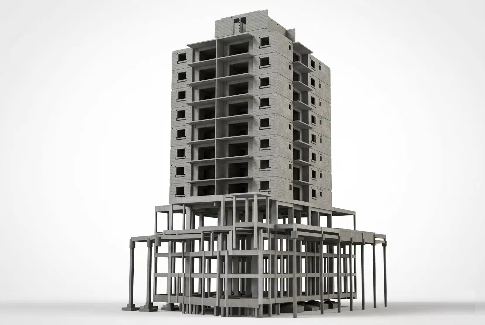 Modelo 3D de estrutura em concreto armado e alvenaria desenvolvido pela OBRAP Engenharia de Estruturas