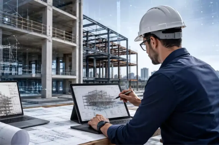 Engenheiro da OBRAP Engenharia de Estruturas analisando projeto estrutural digital em obra com estrutura de concreto armado e metálica em execução.