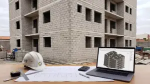 Obra de prédio em alvenaria estrutural com blocos aparentes, acompanhada de plantas, capacete e notebook exibindo modelo estrutural 3D.