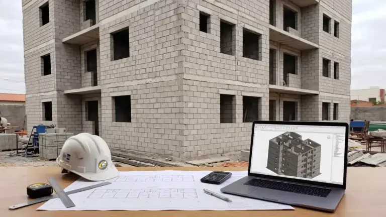 Obra de prédio em alvenaria estrutural com blocos aparentes, acompanhada de plantas, capacete e notebook exibindo modelo estrutural 3D.